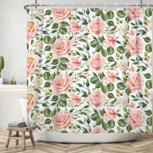 ASDCXZ Blumen Duschvorhang 180x180 cm, Frühling Handgemalt Rose Blumen Grün Blätter Weiß Waschbar Bad Duschvorhänge Polyester Textil Wasserdicht Duschvorhang für Badewanne mit 12 Haken von ASDCXZ