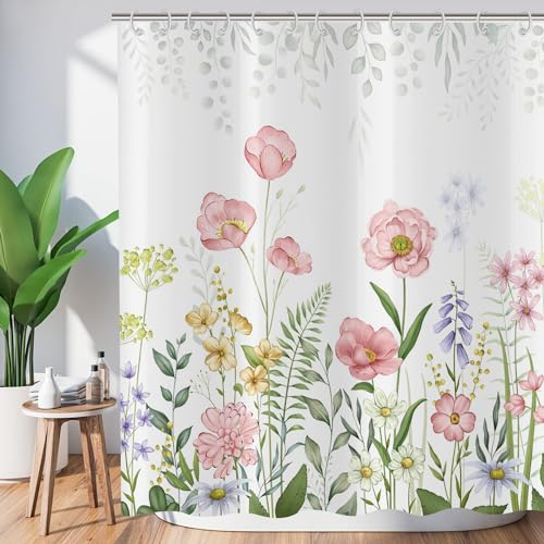 ASDCXZ Blumen Duschvorhang 180x180 cm, Frühling Handgemalt Rose Gelb Lila Bunt Blumen Grün Blätter Weiß Bad Waschbar Duschvorhänge Polyester Textil Wasserdicht Badevorhang für Badewanne mit 12 Haken von ASDCXZ