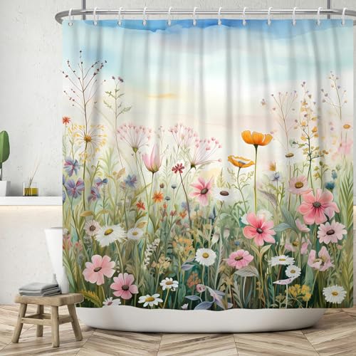 ASDCXZ Blumen Duschvorhang 180x180 cm, Frühling Rose Weiß Gelb Bunt Blumen Grün Blätter Blauer Himmel Bad Waschbar Duschvorhänge Polyester Textil Wasserdicht Badevorhang für Badewanne mit 12 Haken von ASDCXZ