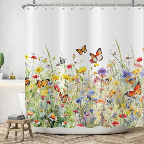 ASDCXZ Blumen Duschvorhang 180x200 cm, Frühling Aquarell Gelb Lila Rose Bunt Blumen Schmetterling Weiß Bad Waschbar Duschvorhänge Polyester Textil Wasserdicht Badevorhang für Badewanne mit 12 Haken von ASDCXZ
