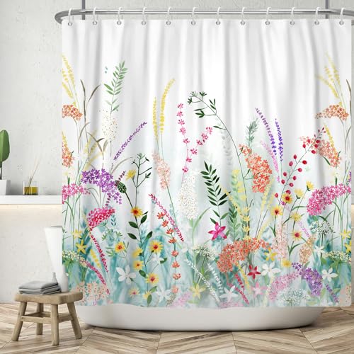 ASDCXZ Blumen Duschvorhang 180x200 cm, Frühling Handgemalt Rot Gelb Lila Bunt Blumen Grün Blätter Weiß Bad Waschbar Duschvorhänge Polyester Textil Wasserdicht Badevorhang für Badewanne mit 12 Haken von ASDCXZ