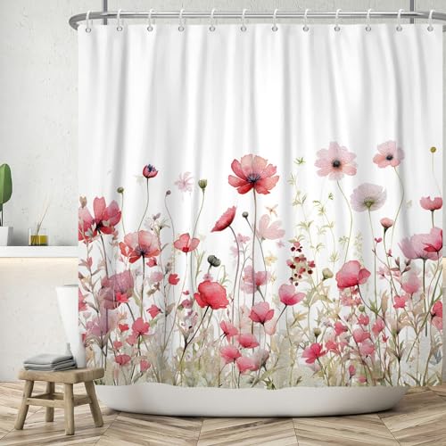 ASDCXZ Blumen Duschvorhang 180x200 cm, Frühling Handgemalt Rot Rose Blumen Grün Blätter Weiß Bad Waschbar Duschvorhänge Polyester Textil Wasserdicht Badevorhang für Badewanne mit 12 Haken von ASDCXZ
