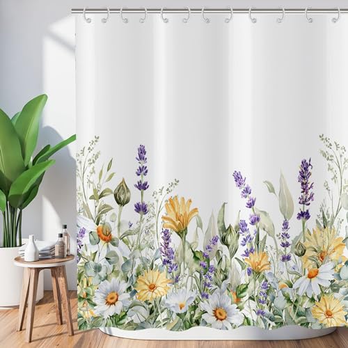 ASDCXZ Blumen Duschvorhang 180x240 cm, Frühling Handgemalt Lila Gelb Weiß Blumen Grün Blätter Bad Waschbar Duschvorhänge Polyester Textil Wasserdicht Badevorhang für Badewanne mit 12 Haken von ASDCXZ