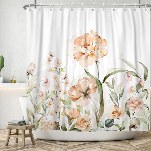 ASDCXZ Blumen Duschvorhang 180x240 cm, Frühling Handgemalt Rose Blumen Grün Blätter Weiß Bad Waschbar Duschvorhänge Polyester Textil Wasserdicht Badevorhang für Badewanne mit 12 Haken von ASDCXZ