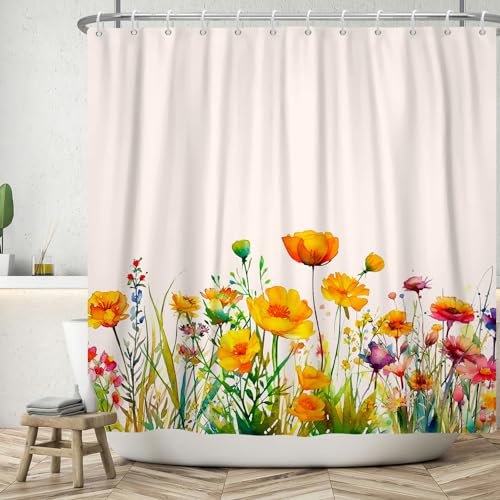 ASDCXZ Blumen Duschvorhang 240x180 cm, Frühling Aquarell Gelb Lila Rot Bunt Blumen Grün Blätter Weiß Waschbar Bad Duschvorhänge Polyester Textil Wasserdicht Duschvorhang für Badewanne mit 12 Haken von ASDCXZ