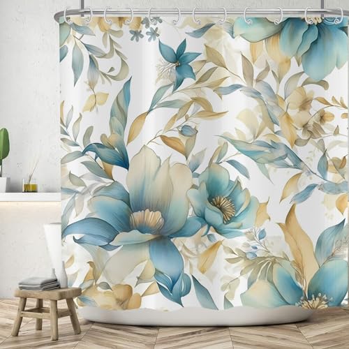 ASDCXZ Blumen Duschvorhang 240x180 cm, Frühling Handgemalt Blau Blumen Gelb Blätter Weiß Bad Waschbar Duschvorhänge Polyester Textil Wasserdicht Badevorhang für Badewanne mit 12 Haken von ASDCXZ