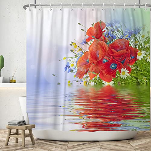 ASDCXZ Blumen Duschvorhang 240x180 cm (BXL), Frühling Handgemalt Rot Weiß Blau Floral Wasser Reflexion Bad Waschbar Duschvorhänge Polyester Textil Wasserdicht Badevorhang für Badewanne mit 12 Haken von ASDCXZ