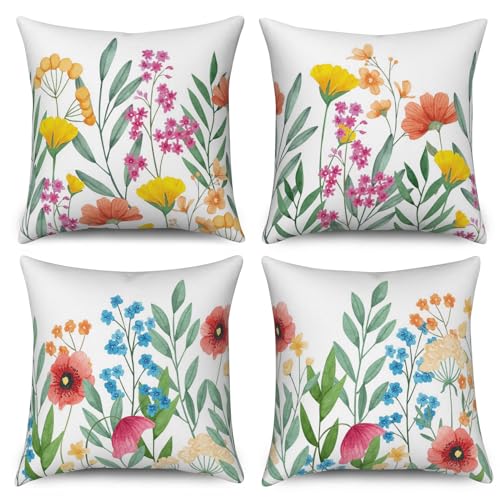 ASDCXZ Blumen Kissenbezug 40x40 cm 4er Set, Frühling Rose Blau Bunt Blumen Grün Blätter Weiß Sofa Dekokissen Kissenbezüge Kissenhülle Waschbar Polyester Textil Outdoor Kopfkissenbezug Kissen Bezug von ASDCXZ