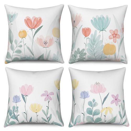 ASDCXZ Blumen Kissenbezug 40x40 cm 4er Set, Frühling Rose Gelb Lila Bunt Blumen Blätter Weiß Sofa Dekokissen Kissenbezüge Kissenhülle Waschbar Polyester Textil Outdoor Kopfkissenbezug Kissen Bezug von ASDCXZ