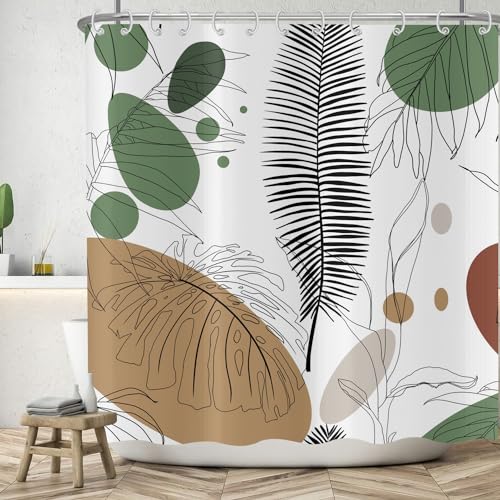 ASDCXZ Boho Blätter Duschvorhang 180x200 cm, Modern Abstrakt Kunst Boho Schwarz Blätter Grün Braun Weiß Bad Waschbar Duschvorhänge Polyester Textil Wasserdicht Badevorhang für Badewanne mit 12 Haken von ASDCXZ