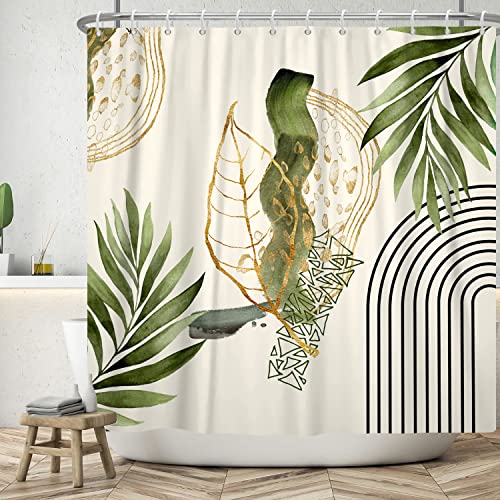 ASDCXZ Boho Blätter Duschvorhang 180x200 cm, Modern Abstrakt Kunst Boho Style Gold Grün Blätter Linie Bad Waschbar Duschvorhänge Polyester Textil Wasserdicht Badevorhang für Badewanne mit 12 Haken von ASDCXZ