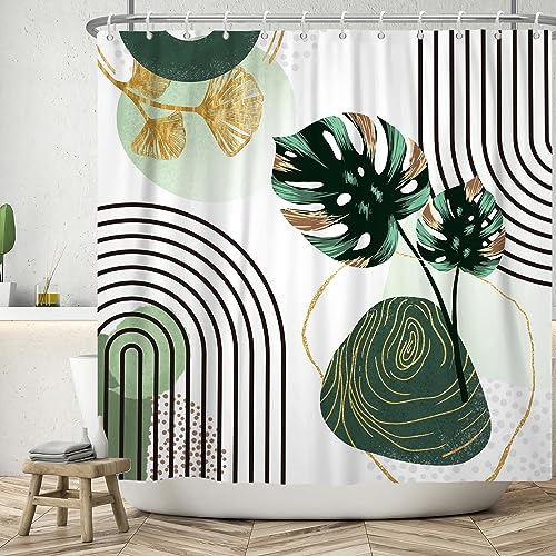 ASDCXZ Boho Blätter Duschvorhang 180x200 cm, Modern Abstrakt Kunst Boho Style Gold Grün Palmen Blätter Bad Waschbar Duschvorhänge Polyester Textil Wasserdicht Badevorhang für Badewanne mit 12 Haken von ASDCXZ