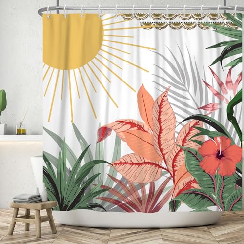 ASDCXZ Boho Blätter Duschvorhang 240x180 cm, Modern Abstrakt Kunst Grün Blätter Sonne Blumen Weiß Bad Waschbar Duschvorhänge Polyester Textil Wasserdicht Badevorhang für Badewanne mit 12 Haken von ASDCXZ