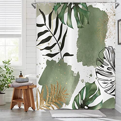 ASDCXZ Boho Duschvorhang 120X200 cm (BxL), Moderne Abstrakt Kunst Boho Grün Schwarz Gold Palm Blätter Waschbar Duschvorhänge Textil Wasserdicht Duschvorhang für Badewanne mit 8 Haken von ASDCXZ