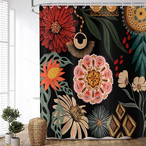 ASDCXZ Boho Duschvorhang 120X200 cm (BxL), Retro Abstrakt Kunst Rose Rot Beige Blume Grün Blätter Schwarz Waschbar Duschvorhänge Textil Wasserdicht Duschvorhang für Badewanne mit 8 Haken von ASDCXZ