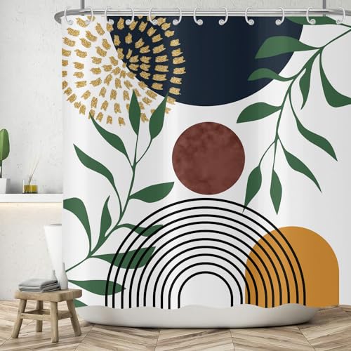 ASDCXZ Boho Duschvorhang 120x180 cm, Modern Abstrakt Kunst Boho Style Braun Sonne Grün Blätter Weiß Bad Waschbar Duschvorhänge Polyester Textil Wasserdicht Badevorhang für Badewanne mit 8 Haken von ASDCXZ