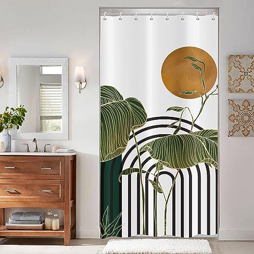 ASDCXZ Boho Duschvorhang 120x180 cm, Modern Abstrakt Kunst Boho Style Sonne Grün Blätter Bad Waschbar Schmal Duschvorhänge mit ösen Polyester Textil Wasserdicht Duschvorhang für Badewanne mit 8 Haken von ASDCXZ