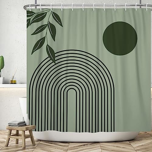 ASDCXZ Boho Duschvorhang 120x200 cm, Modern Abstrakt Kunst Grün Blätter Sonne Linie Salbei Grün Bad Waschbar Duschvorhänge Polyester Textil Wasserdicht Badevorhang für Badewanne mit 8 Haken von ASDCXZ