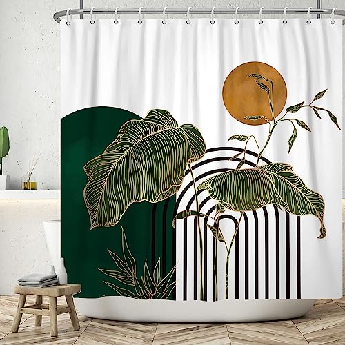 ASDCXZ Boho Duschvorhang 120x200 cm, Modern Abstrakt Kunst Grün Gold Tropisch Blätter Sonne Weiß Bad Waschbar Duschvorhänge Polyester Textil Wasserdicht Badevorhang für Badewanne mit 8 Haken von ASDCXZ