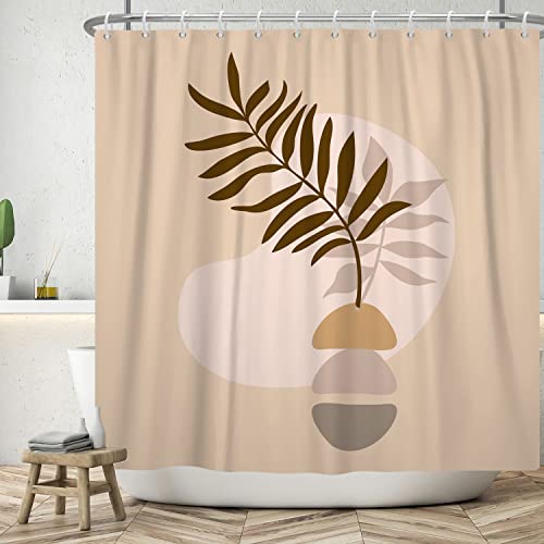 ASDCXZ Boho Duschvorhang 150x180 cm, Modern Abstrakt Kunst Boho Style Braun Blätter Beige Bad Waschbar Duschvorhänge Polyester Textil Wasserdicht Badevorhang für Badewanne mit 12 Haken von ASDCXZ