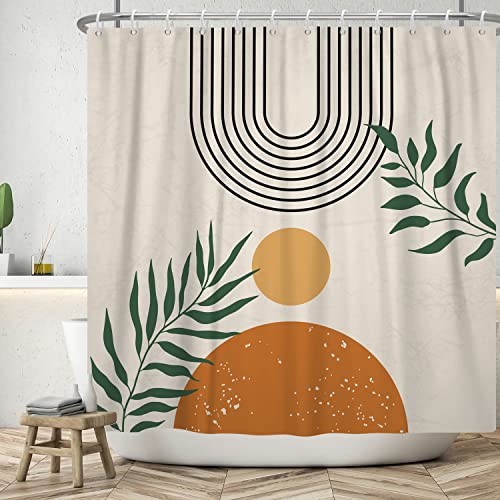 ASDCXZ Boho Duschvorhang 150x180 cm, Modern Abstrakt Kunst Grün Blätter Orange Sonne Linie Beige Bad Waschbar Duschvorhänge Polyester Textil Wasserdicht Badevorhang für Badewanne mit 12 Haken von ASDCXZ