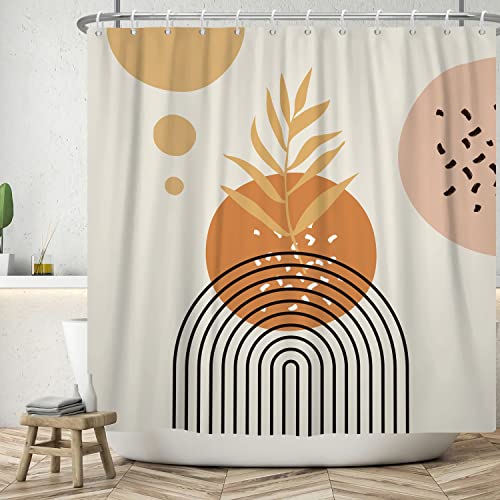 ASDCXZ Boho Duschvorhang 165x180 cm, Modern Abstrakt Kunst Gelb Blätter Orange Sonne Linie Beige Bad Waschbar Duschvorhänge Polyester Textil Wasserdicht Badevorhang für Badewanne mit 12 Haken von ASDCXZ