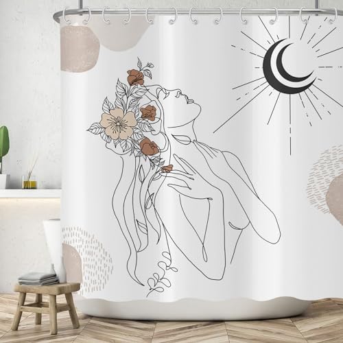 ASDCXZ Boho Duschvorhang 180x180 cm, Modern Abstrakt Boho Style Schön Mädchen Blumen Mond Weiß Bad Waschbar Duschvorhänge Polyester Textil Wasserdicht Badevorhang für Badewanne mit 12 Haken ASDCXZ Boho Duschvorhang 180x180 cm, Modern Abstrakt Boho Style Schön Mädchen Blumen Mond Weiß Bad Waschbar Duschvorhänge Polyester Textil Wasserdicht Badevorhang für Badewanne mit 12 Haken von ASDCXZ
