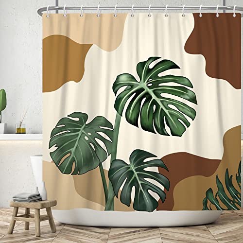 ASDCXZ Boho Duschvorhang 180x180 cm, Modern Abstrakt Kunst Handgemalt Grün Tropisch Blätter Beige Bad Waschbar Duschvorhänge Polyester Textil Wasserdicht Badevorhang für Badewanne mit 12 Haken von ASDCXZ