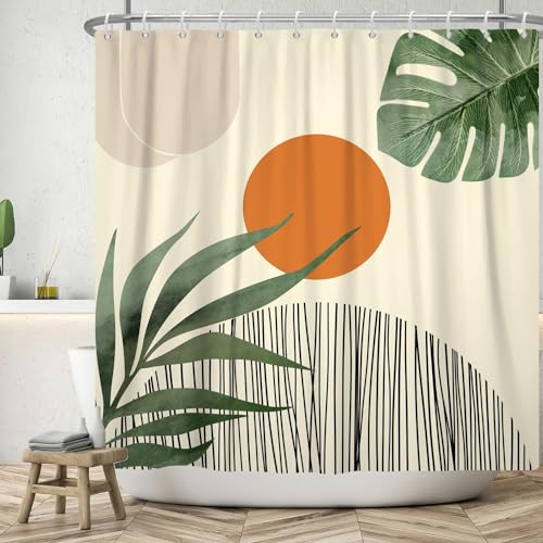 ASDCXZ Boho Duschvorhang 180x180 cm, Modern Abstrakt Kunst Orange Sonne Grün Blätter Schwarz Linie Gelb Bad Waschbar Duschvorhänge Polyester Textil Wasserdicht Duschvorhang für Badewanne mit 12 Haken von ASDCXZ