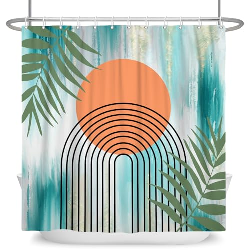 ASDCXZ Boho Duschvorhang 180x180 cm, Modern Abstrakt Orange Sonne Grün Blätter Bogen Türkis Waschbar Duschvorhänge Polyester Textil Wasserdicht Anti-Schimmel Duschvorhang für Badewanne mit 12 Haken von ASDCXZ