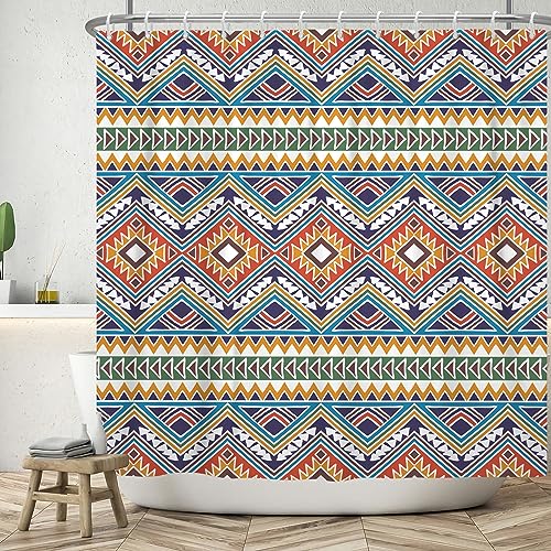 ASDCXZ Boho Duschvorhang 180x180 cm, Modern Kunst Boho Style Regel Geometrie Bunt Muster Bad Waschbar Duschvorhänge Polyester Textil Wasserdicht Badevorhang für Badewanne mit 12 Haken von ASDCXZ