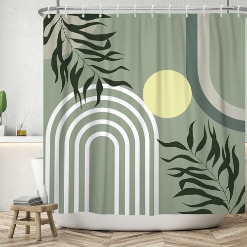 ASDCXZ Boho Duschvorhang 180x200 cm, Modern Abstrakt Boho Style Grün Blätter Gelb Sonne Salbei Grün Bad Waschbar Duschvorhänge Polyester Textil Wasserdicht Badevorhang für Badewanne mit 12 Haken von ASDCXZ