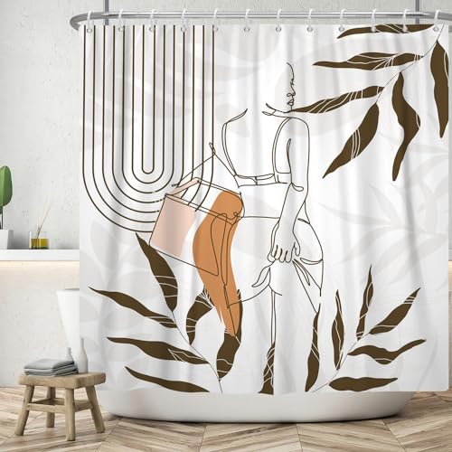 ASDCXZ Boho Duschvorhang 180x200 cm, Modern Abstrakt Boho Style Schön Lustig Mädchen Braun Blätter Weiß Bad Waschbar Duschvorhänge Polyester Textil Wasserdicht Badevorhang für Badewanne mit 12 Haken von ASDCXZ