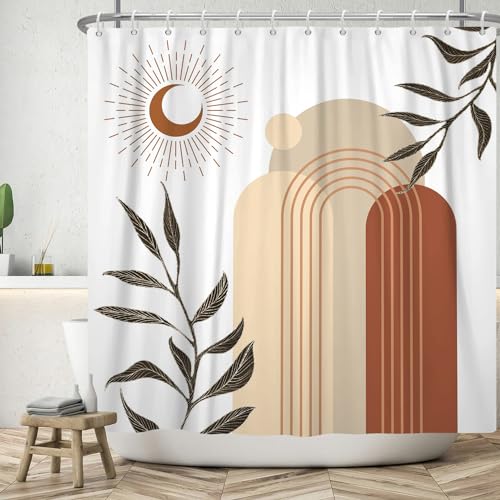 ASDCXZ Boho Duschvorhang 180x200 cm, Modern Abstrakt Boho Style Schwarz Blätter Braun Mond Beige Weiß Bad Waschbar Duschvorhänge Polyester Textil Wasserdicht Badevorhang für Badewanne mit 12 Haken von ASDCXZ