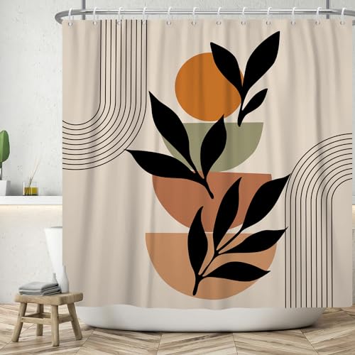 ASDCXZ Boho Duschvorhang 180x200 cm, Modern Abstrakt Boho Style Schwarz Blätter Orange Sonne Linie Khaki Bad Waschbar Duschvorhänge Polyester Textil Wasserdicht Badevorhang für Badewanne mit 12 Haken von ASDCXZ