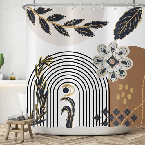 ASDCXZ Boho Duschvorhang 180x200 cm, Modern Abstrakt Boho Style Schwarz Gold Blätter Blumen Mond Braun Bad Waschbar Duschvorhänge Polyester Textil Wasserdicht Badevorhang für Badewanne mit 12 Haken von ASDCXZ