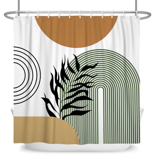 ASDCXZ Boho Duschvorhang 180x200 cm, Modern Abstrakt Braun Sonne Schwarz Blätter Grün Bogen Waschbar Duschvorhänge Polyester Textil Wasserdicht Anti-Schimmel Duschvorhang für Badewanne mit 12 Haken von ASDCXZ