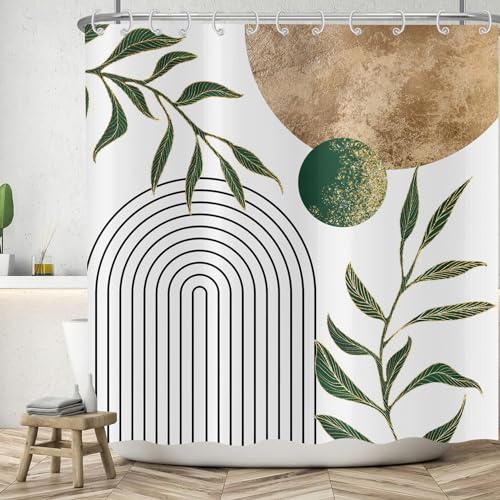 ASDCXZ Boho Duschvorhang 180x200 cm, Modern Abstrakt Kunst Boho Style Retro Sonne Grün Blätter Weiß Bad Waschbar Duschvorhänge Polyester Textil Wasserdicht Badevorhang für Badewanne mit 12 Haken von ASDCXZ