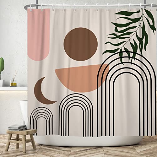 ASDCXZ Boho Duschvorhang 180x200 cm, Modern Abstrakt Kunst Grün Palme Blätter Sonne Mond Beige Bad Waschbar Duschvorhänge Polyester Textil Wasserdicht Badevorhang für Badewanne mit 12 Haken von ASDCXZ