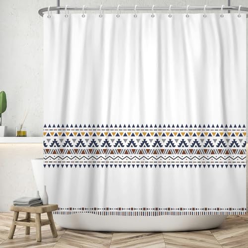 ASDCXZ Boho Duschvorhang 180x200 cm, Modern Boho Marineblau Gelb Braun Regel Geometrie Muster Weiß Bad Waschbar Duschvorhänge Polyester Textil Wasserdicht Badevorhang für Badewanne mit 12 Haken von ASDCXZ