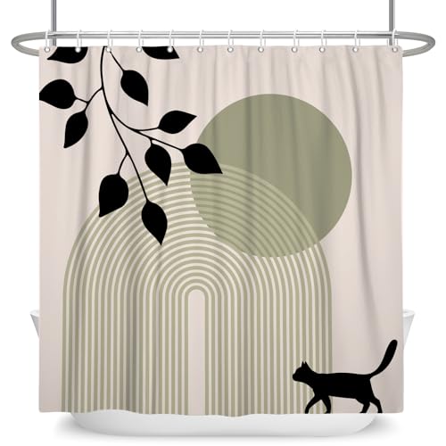 ASDCXZ Boho Duschvorhang 180x220 cm, Modern Abstrakt Grün Sonne Schwarz Katze Blätter Beige Waschbar Duschvorhänge Polyester Textil Wasserdicht Anti-Schimmel Duschvorhang für Badewanne mit 12 Haken von ASDCXZ