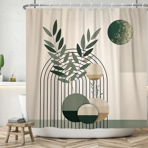 ASDCXZ Boho Duschvorhang 180x220 cm, Modern Abstrakt Kunst Boho Style Retro Sonne Grün Blätter Beige Bad Waschbar Duschvorhänge Polyester Textil Wasserdicht Badevorhang für Badewanne mit 12 Haken von ASDCXZ