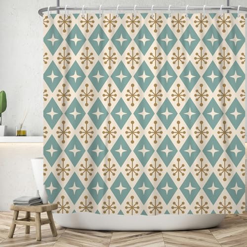 ASDCXZ Boho Duschvorhang 180x220 cm, Modern Boho Blau Beige Stern Regel Geometrie Muster Bad Waschbar Duschvorhänge Polyester Textil Wasserdicht Badevorhang für Badewanne mit 12 Haken von ASDCXZ