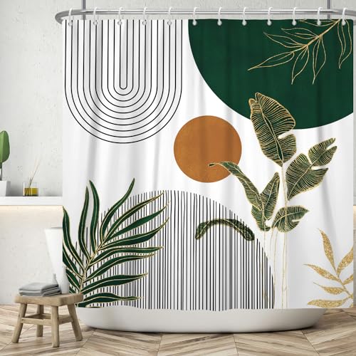 ASDCXZ Boho Duschvorhang 180x240 cm, Modern Abstrakt Kunst Boho Style Braun Sonne Grün Blätter Weiß Bad Waschbar Duschvorhänge Polyester Textil Wasserdicht Badevorhang für Badewanne mit 12 Haken von ASDCXZ