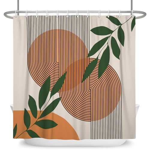 ASDCXZ Boho Duschvorhang 180x240 cm, Modern Abstrakt Orange Sonne Grün Blätter Bogen Beige Waschbar Duschvorhänge Polyester Textil Wasserdicht Anti-Schimmel Duschvorhang für Badewanne mit 12 Haken von ASDCXZ