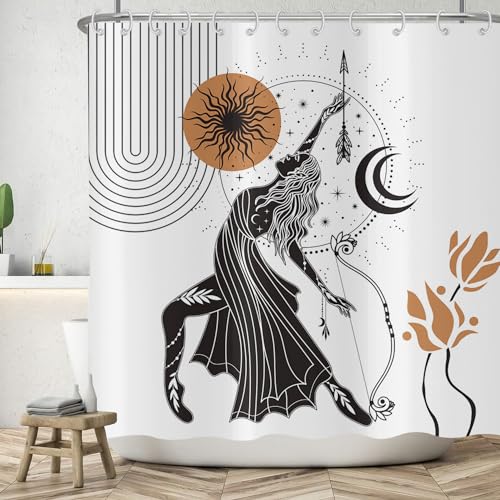 ASDCXZ Boho Duschvorhang 240x180 cm, Modern Abstrakt Boho Style Mädchen Schießende Sonne Mond Blumen Bad Waschbar Duschvorhänge Polyester Textil Wasserdicht Badevorhang für Badewanne mit 12 Haken von ASDCXZ