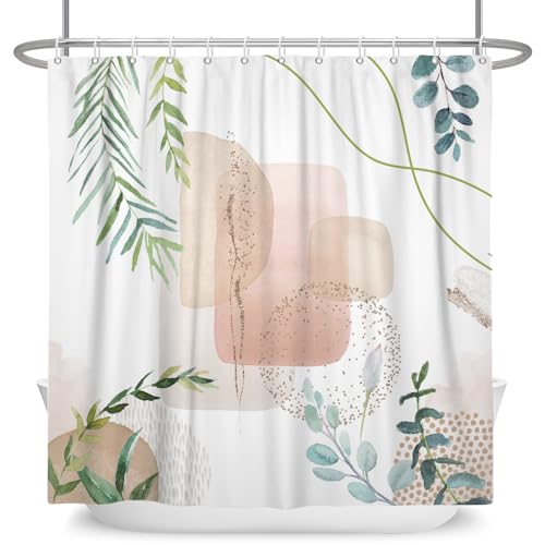 ASDCXZ Boho Duschvorhang 240x180 cm, Moderne Abstrakt Kunst Rose Block Grün Blätter Weiß Bad Waschbar Duschvorhänge Polyester Textil Wasserdicht Anti-Schimmel Duschvorhang für Badewanne mit 12 Haken von ASDCXZ