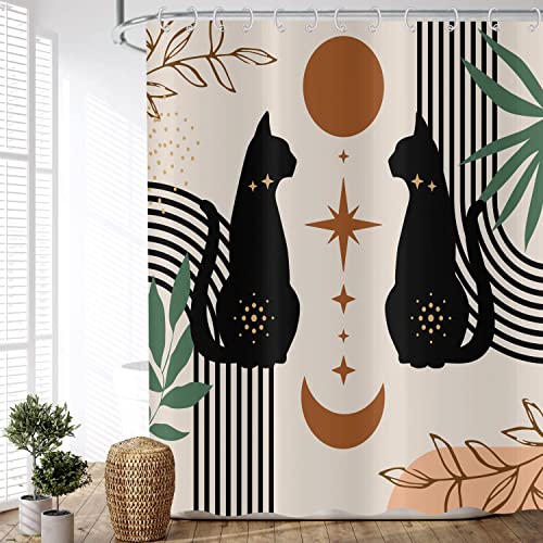 ASDCXZ Boho Duschvorhang 240x180 cm (BxL), Modern Abstrakt Kunst Boho Style Katze Tag Monat Waschbar Duschvorhänge Polyester Textil Wasserdicht Duschvorhang für Badewanne mit 12 Haken von ASDCXZ