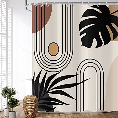 ASDCXZ Boho Duschvorhang 240x180 cm (BxL), Modern Abstrakt Kunst Boho Style Schwarz Blätter Sonne Linie Beige Braun Waschbar Duschvorhänge Textil Wasserdicht Duschvorhang für Badewanne mit 12 Haken von ASDCXZ