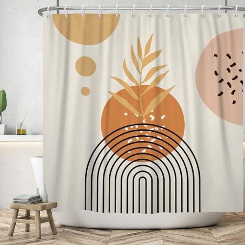 ASDCXZ Boho Duschvorhang 240x180 cm (BxL), Modern Abstrakt Kunst Gelb Blätter Orange Sonne Linie Beige Waschbar Duschvorhänge Textil Wasserdicht Duschvorhang für Badewanne mit 12 Haken von ASDCXZ